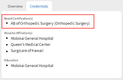 Screenshot showing where the provider's board certifications are displayed.