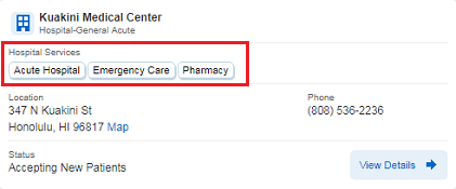 Screenshot showing where the facility's services are displayed.